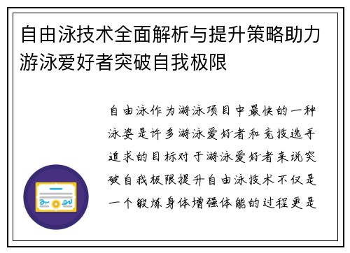 自由泳技术全面解析与提升策略助力游泳爱好者突破自我极限